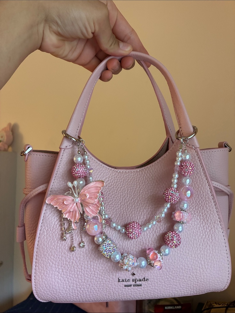 Pink/ Silver Butterfly Beaded Keychain Bag Chain - Picture 1 of 2